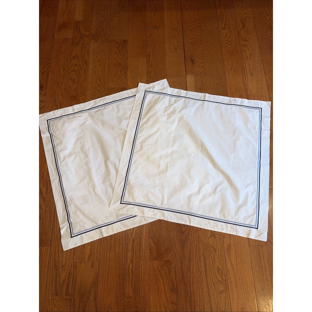 Matouk Essex Euro Sham Pair White Navy Blue Satin Stitch Border 100% Cotton"